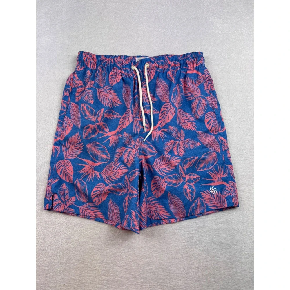 Sol Borne Mens Small Swim Trunks Blue Pink Tropical Leaf Print Mesh Lined 5
